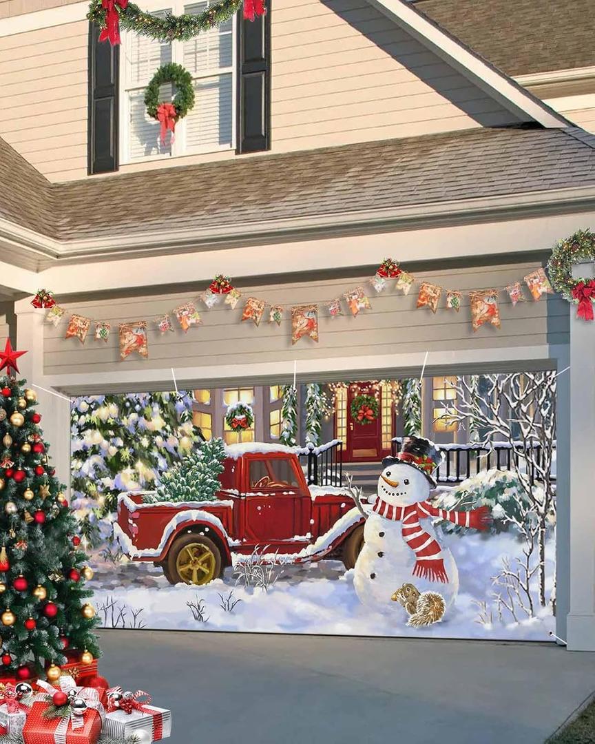 Christmas Garage Door Banner Cover 7 x 8 ft, Merry Christmas Happy Snowman Red Truck Christmas Tree Christmas Garage Door Decorations Holiday Christmas Backdrop Decor for Winter New Year Xmas Party
