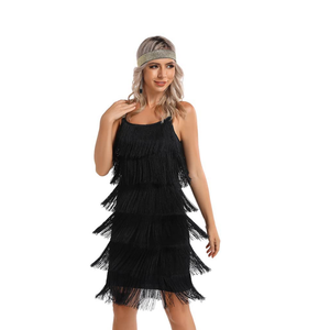 Women's Great Gatsby Flapper Spaghetti Tassel Dress with Headband, 20s Elegant Mini Dress Party Accessory COSTUME OUTFIT (L, Black)