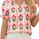 Tankaneo Women Summer Floral Ruffle V Neck Puff Sleeve Boho Tops (Red, L)