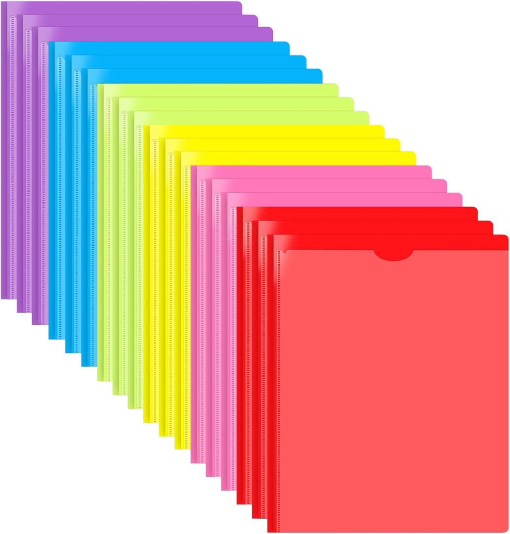 INFUN Heavy Duty Plastic Pocket Folder with Prongs and Clear Front Pocket - 18 Pack, 3 Prong Folders with Pockets and Card Slot, Assorted Colors
