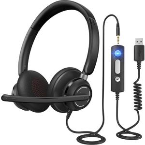 Wired Headphones with Microphone for PC, On-Ear Computer Laptop USB Headset with Noise Cancelling Microphone in-line Control for Home Office Online Class Skype Zoom, (3.5mm + USB) (1 Count)