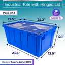 IDL Packaging 18-Gallon Industrial Plastic Tote with Hinged Lids, Pack of 3 | Heavy-Duty Blue Large 27"L x 17"W x 12" H Container for Warehouses, Garages, and Home Storage