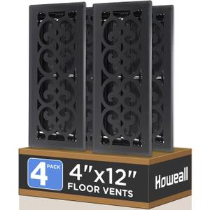 4x12 Inches 4 Pack Heavy Duty Walkable Floor Register - Easy Adjust Air Supply Lever Decorative Floor Vent Covers, Charlotte Design Vent Covers for Home - Matte Black