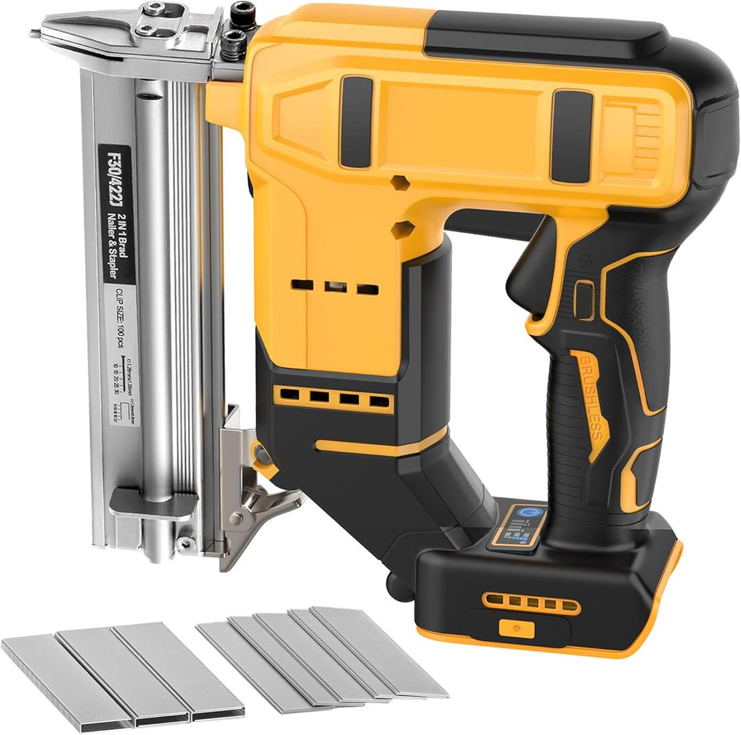 Electric Nail Gun for Dewalt 20V Battery, 18 Gauge 2 in 1 Brad Nailer CordlessBrushles Staple Gun with 1000pcs Nails and 1000pcs Staples Included for Home Improvement, Woodworking(NO Battery)