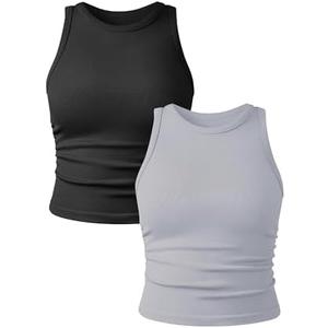 YIOIOIO Women's 2 Pieces Basic Seamless Tank Tops Sleeveless Crew Neck Workout Exercise Crop Camis L