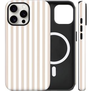 flewfun Magnetic for iPhone 16 Pro Case Cute Stripes Phone Case, Shockproof Slim TPU and Hard PC Protective Phone Cover Compatible with MagSafe Designed for Women Girls, Apricot