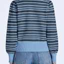 Saodimallsu Womens Striped Cropped Sweaters V Neck Cute Bow Tie Puff Sleeve Loose Knit Trendy Pullover Sweater (Small, Blue)