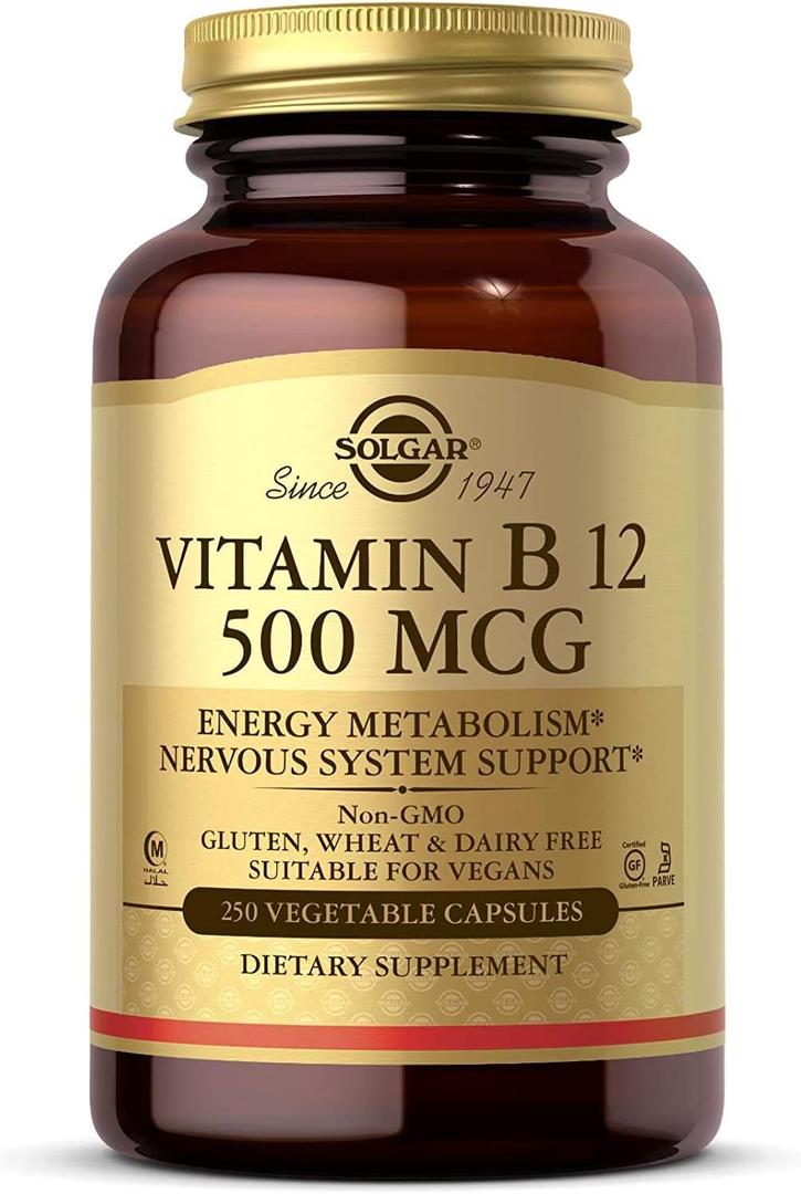Solgar Vitamin B12 500 mcg, 250 Vegetable Capsules - Energy Metabolism - Nervous System Support - Promotes Heart Health - Non-GMO, Vegan, Gluten Free, Dairy Free, Kosher, Halal - 250 Servings (EXP: 05/2027)