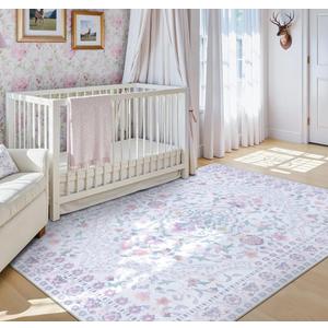 Wonnitar Floral Purple Rug for Nursery, Washable 5x7 Kids Rug, Boho Ultra-Thin Soft Non Slip Vintage Carpet for Bedroom Dorm Living Room Playroom Office, Pale Purple