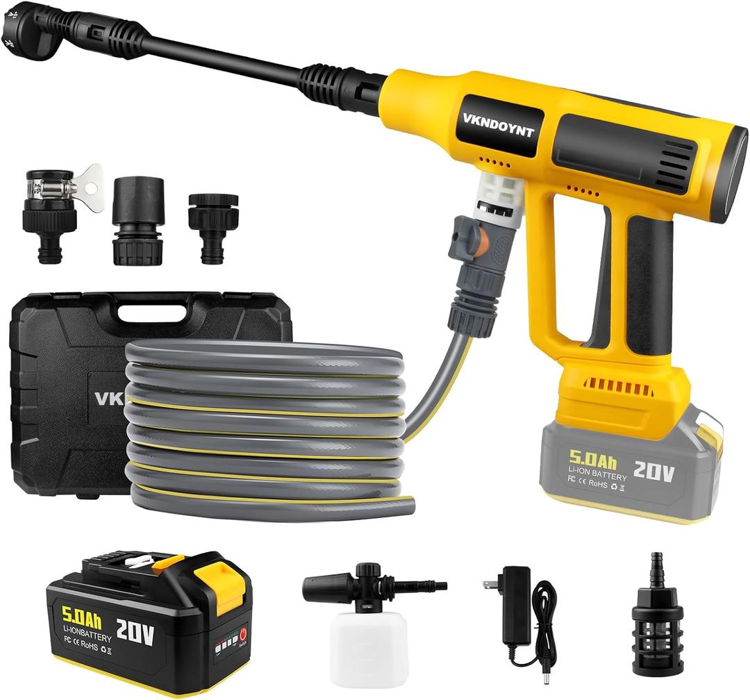 Cordless Pressure Washer with Faucet & Garden Hose Connector, 5.0Ah Battery, 2000PSI MAX Portable Pressure Washer with Brushless Motor, 4 Speed Adjustment LCD Touch Screen, 6-in-1 Nozzle (Yellow/Dark Gray)