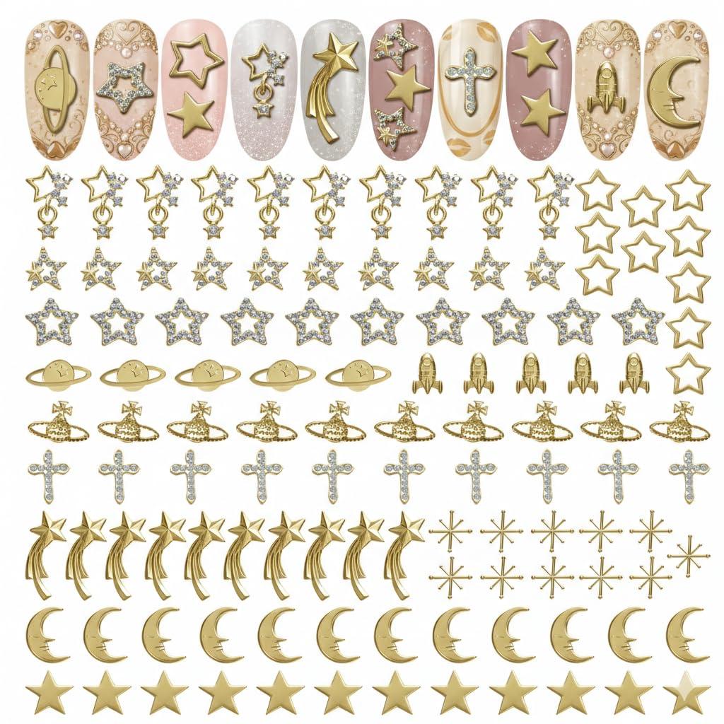 4 x 110 Pcs Gold Nail Charms and Gems Kit with Planets, Moon, Rockets