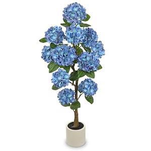 Hollyone 4FT Blue Hydrangea Artificial Flowers Tree Large Real Touch Faux Silk Hydrangea Plants Potted Fake Flower in White Pot for Home Indoor Outdoor Front Porch Garden Entrance Living Room Decor