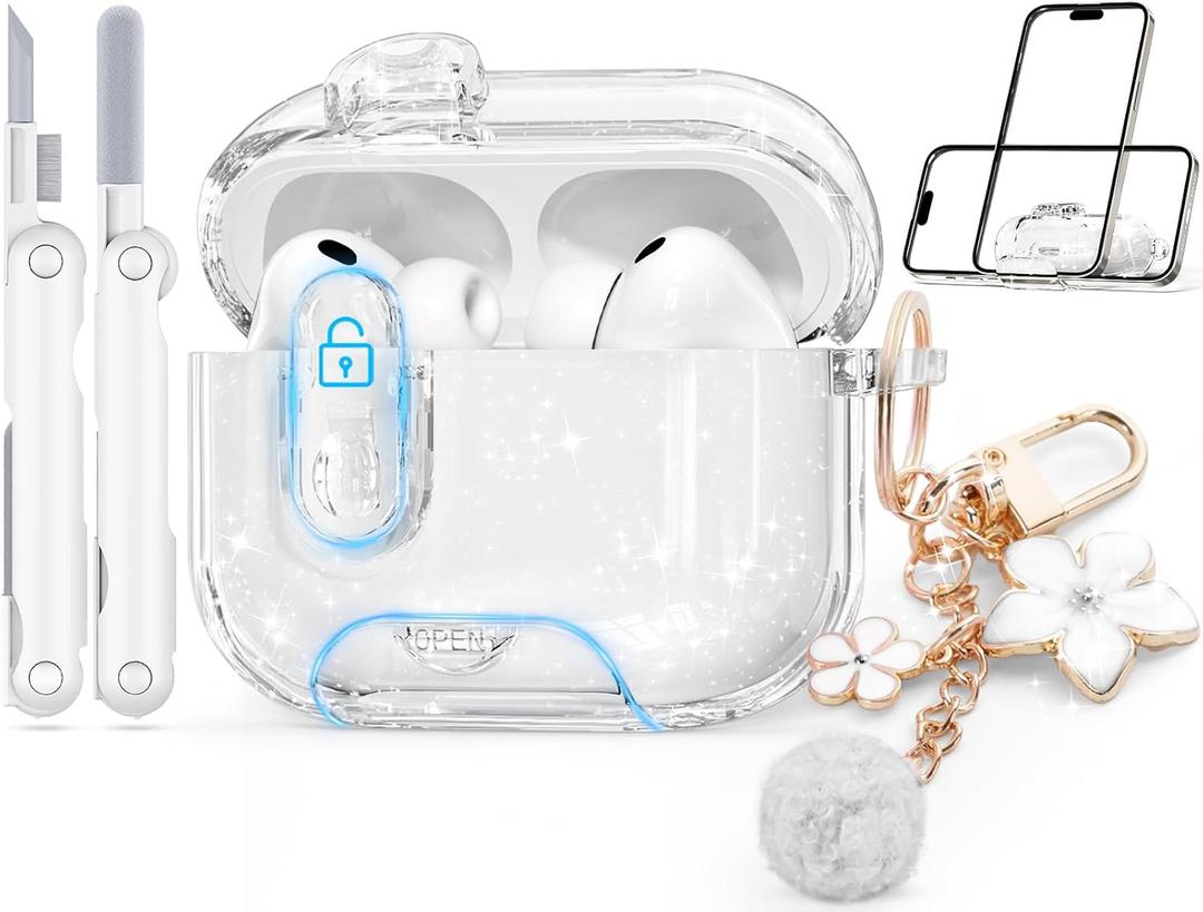 with Safety Lock for AirPods Pro 3 Case 2025, Clear Cases with Phone Stand & Cleaning Kit, Soft TPU Cover for Airpods Pro 3rd Generation Case, Cute Bling Keychain for Women Girls-Glitter White