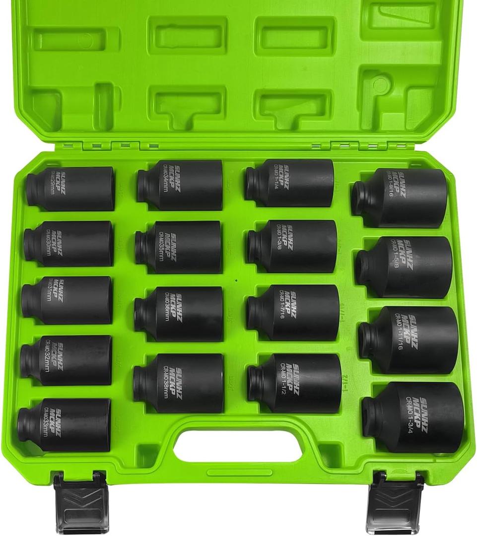 SUNHZMCKP 1/2" Drive Deep Impact Socket Set 17-Piece, Spindle 6 Point Axle Nut Sockets Set, Standard SAE (1-1/4-Inch to 1-3/4-Inch) and Metric (29mm - 38mm) Large Socket, CR-MO, Impact Grade