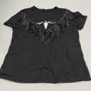 Boho Cow Skull Shirt Women Cowgirl t Shirt Vintage Western Rodeo Graphic Tee Short Sleeve Bull Skull Casual Top (Medium, Fringe-black)