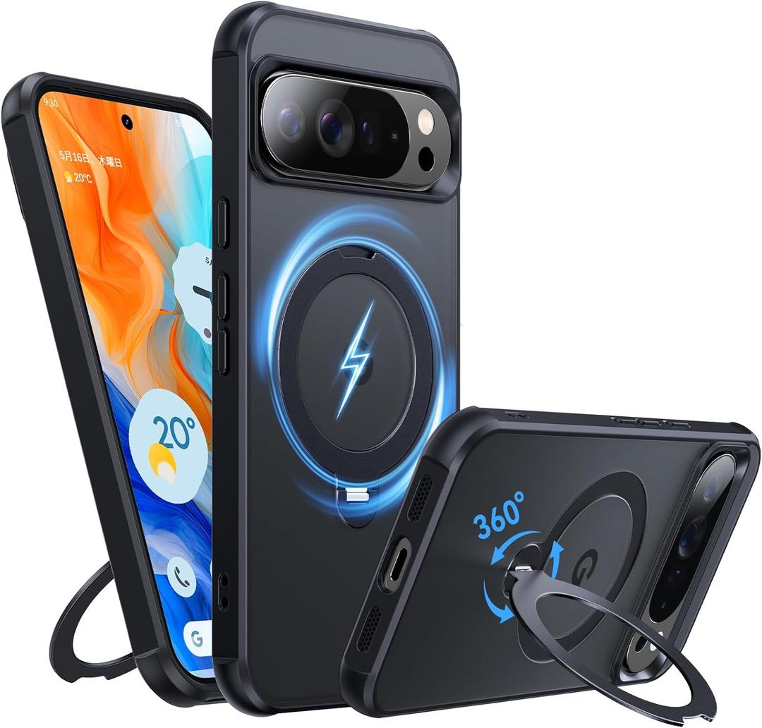 360 Spin Magnetic Stand for Google Pixel 10 Pro XL Case, Fit for Magsafe, 4X Mil-Grade Protection, Anti-Fingerprint, Non-Slip Shockproof Slim for Pixel 10 Pro XL Phone Case with Kickstand, Matte Black