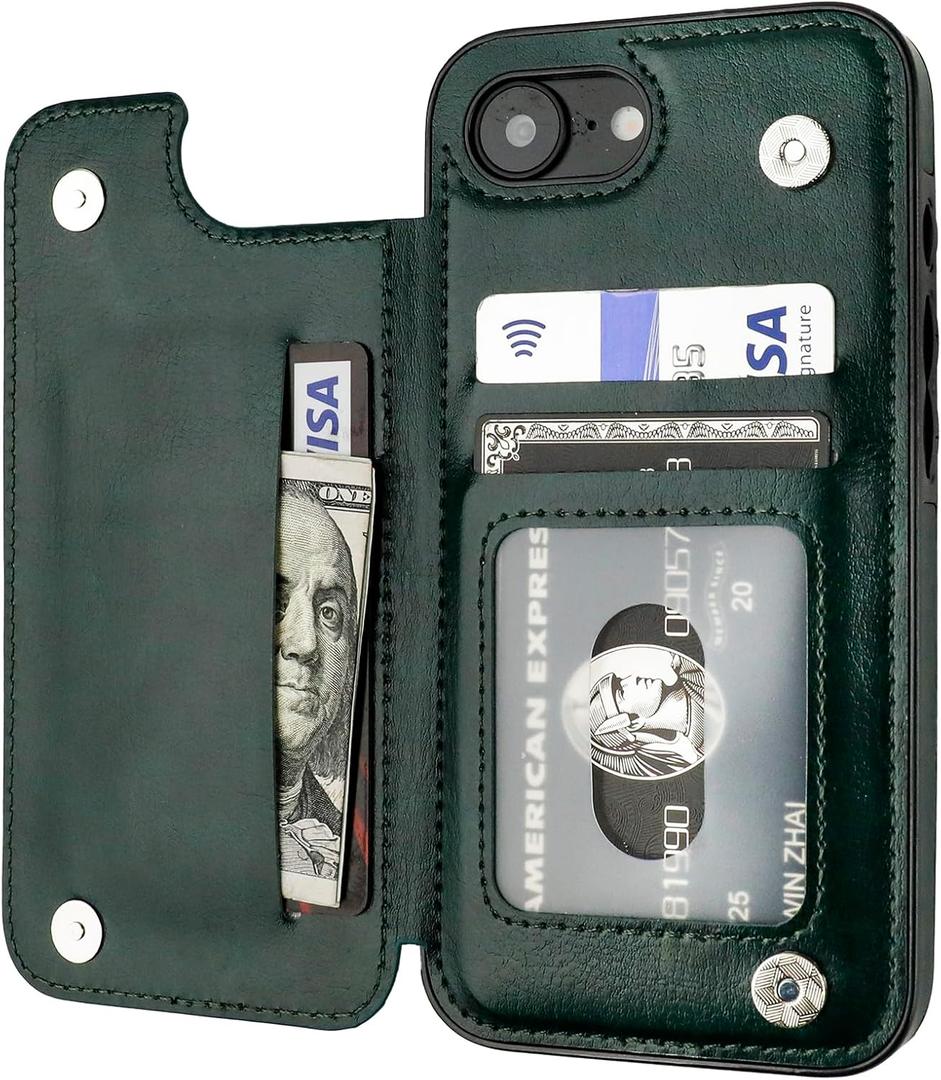 ONETOP Compatible with iPhone 17e/16e Wallet Case with Card Holder, PU Leather Kickstand Card Slots Case, Double Magnetic Clasp and Durable Shockproof Cover 6.1 Inch (Green)