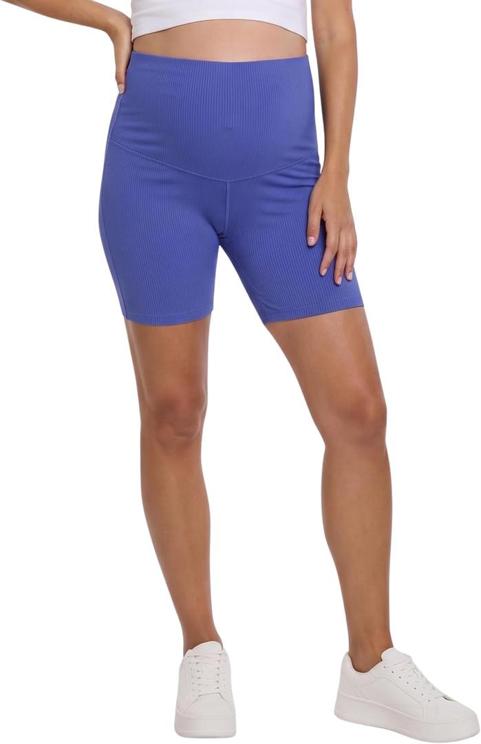 Motherhood Maternity Women's Over The Belly Ribbed Biker Pregnancy Workout Shorts, Skipper Blue, Medium