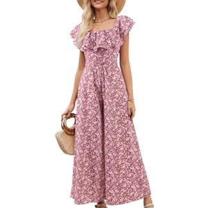 Gardenwed Women's Floral Wide Leg Jumpsuit, Ruffle Short Sleeve Square Neck Summer Casual Palazzo Romper with Pockets (S)