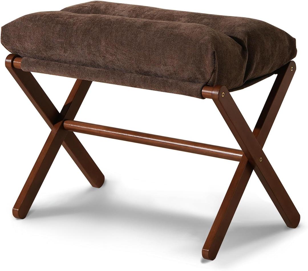 Baveke Ottoman Foot Rest- Bamboo Folding Stool, Foot Stools Small Ottman with Upholstered & X Legs, Foldable Stool for Makeup, Bedroom and Living Room (Large Brown) (21.3"D x 13.4"W x 18.5"H)