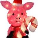 Prsildan Christmas Lighted Decoration 21" Pink Pig, 35 Lights 3D Pig with Christmas Hat & Candy Canes, Cute Decorations for Indoor Outdoor Home Kitchen Yard Garden Holiday Party