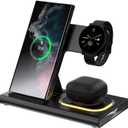 3 in 1 Wireless Charger for Samsung Charging Station Android Phone Multiple Devices LED Light Folding Dock Charger Stand for Samsung Galaxy S25 S24 S23 S22 S21 Note 20 Watch 8/7/6 Earbuds (Black)