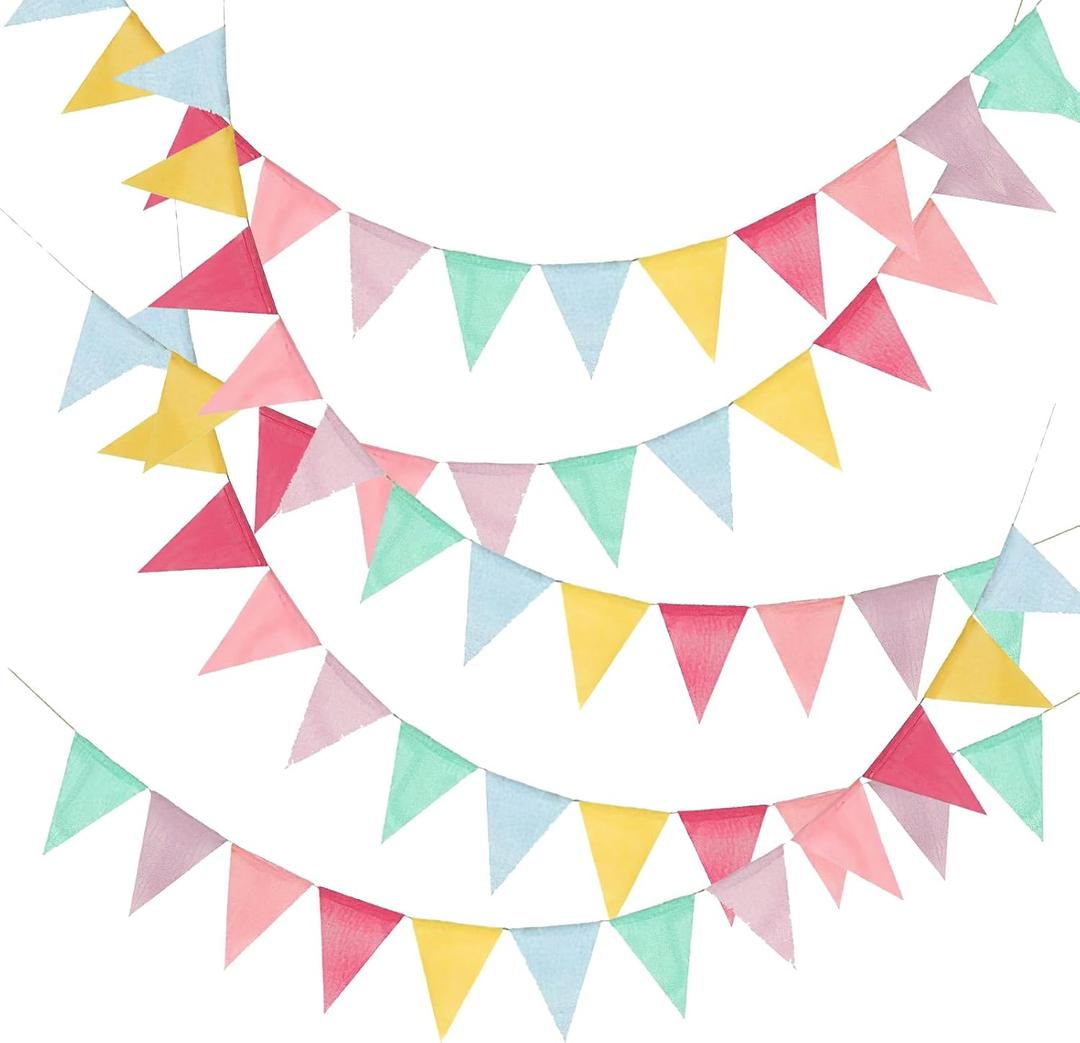 65ft 60 Flags Pastel Pennant Banner, Pastel Birthday Decorations with 5 x 13 ft Hemp Cords, Imitated Burlap Bunting for Graduation Classroom School Carnival Outdoor Ice Cream Party Decor