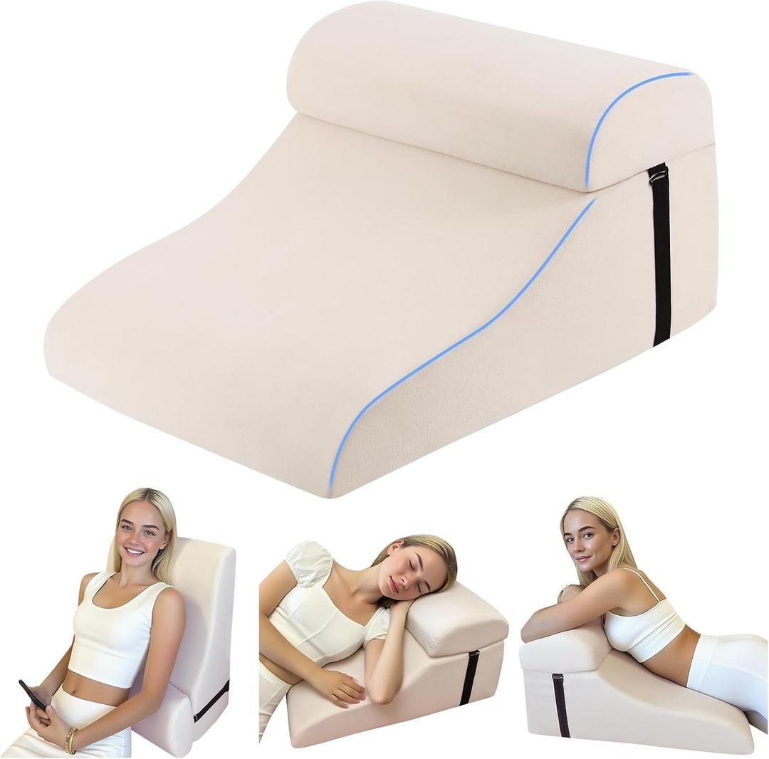 Reading Pillow for Bed Adult, Memory Foam Wedge Pillow Headboard with Adjustable Lumbar Support Backrest Cushion for Sitting in Bed/Resting/Bedrest, Couch or Floor, Beige (22.5X17.7X11.8 Inchs)