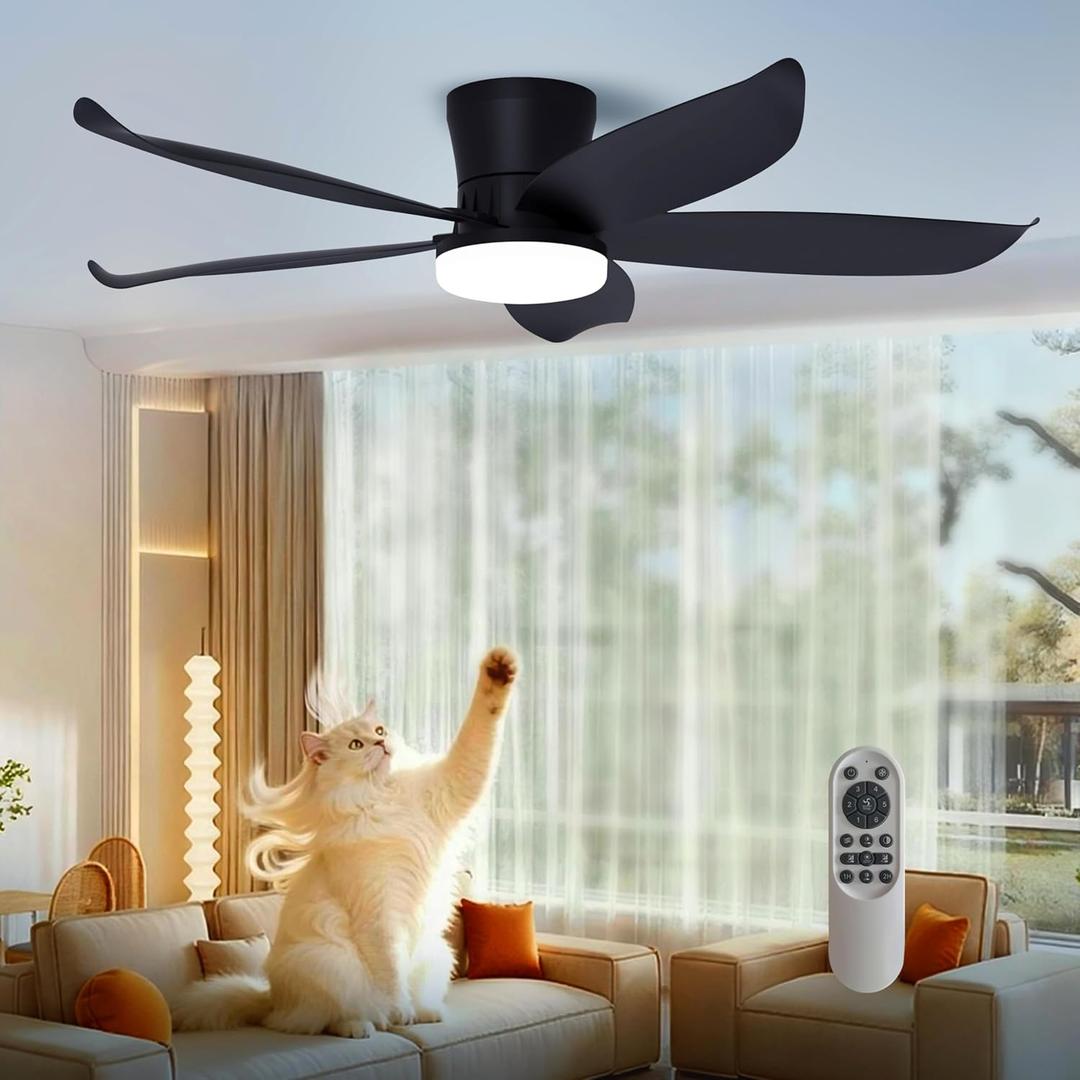 42 Inch Black Flush Mount Ceiling Fan with Light and Remote, Low Profile Modern Ceiling Fan, 6 Speed, Reversible, 3000k-6500k Dimmable LED, Quiet DC Motor for Indoor Outdoor