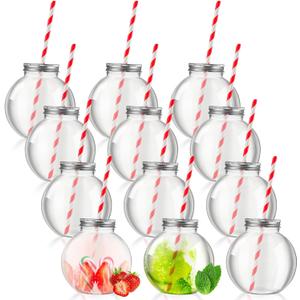 Yaomiao 12 Packs 16 oz Plastic Fish Bowl Ornament Cups with Straw for Drinks Plastic Candy Jar Potion Bottles with Aluminum Hole Lids Clear Spherical Bowls Bulb Cups for Carnival Games