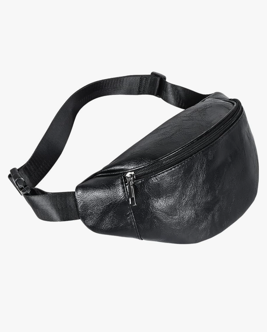 Geestock Black Leather Fanny Pack, Waterproof Waist Bag for Men&Women, Belt Bag, Fashion Crossbody Bags for Running, Hiking, Cycling, Outdoor Sports