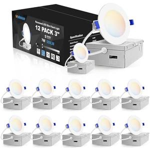 VOLISUN 12 Pack 3 inch Recessed Lighting, 5CCT LED Recessed Light with Junction Box, 2700K-5000K Selectable, Dimmable Canless Wafer Downlight, LED Ceiling Light ETL Certificated