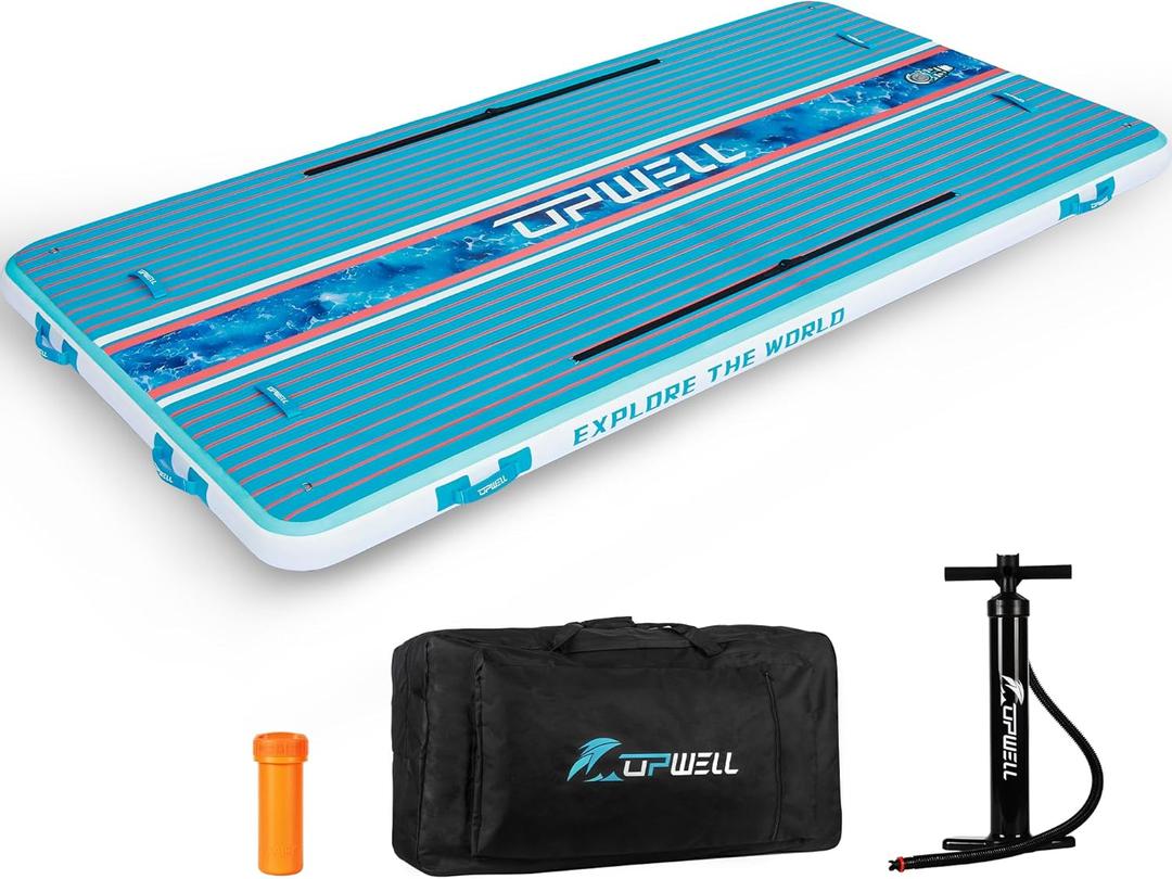 UPWELL 12 x 6 FT Inflatable Dock Platform for Lake, Inflatable Floating Dock Inflatable Dock Platform Floating Island Raft with None-Slip Surface, Air Pump, Carry Bag for Lake Ocean (BLUE)