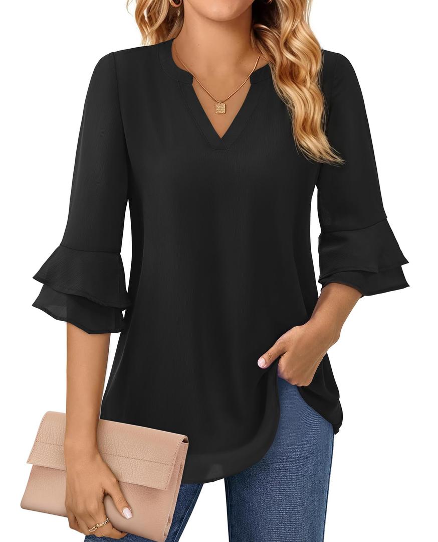 3/4 Sleeve Blouses for Women Dressy Casual V Neck Business Casual Tops for Women Fall Fashion 2025 Chiffon Blouses Work Professional Office Shirts Interview Tunic Teacher Clothing Flattering Large (L)