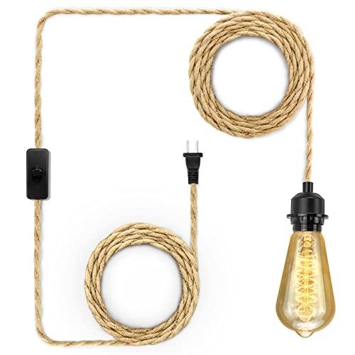 LYOOWNG Plug in Pendant Light Cord, Farmhouse Hanging Lights with Plug in Cord, 15FT Hemp Rope Plugin Hanging Light Cord Kit with On/Off Switch, E26 E27 Light SocketCord, Bulb NOT Included