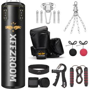 Punching Bag for Adults, 4ft PU Leather 6 in 1 Heavy Boxing Bag Set, Punching Bag with 12oz Boxing Gloves, Hand Wraps, Hanging Bag for MMA Karate Kickboxing Muay Thai Boxing Home - Unfilled