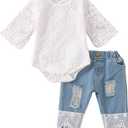 Baby Girl Clothes Outfits Toddler Infant Baby Romper Top+Jeans Clothing Set (6-12 Months, White)