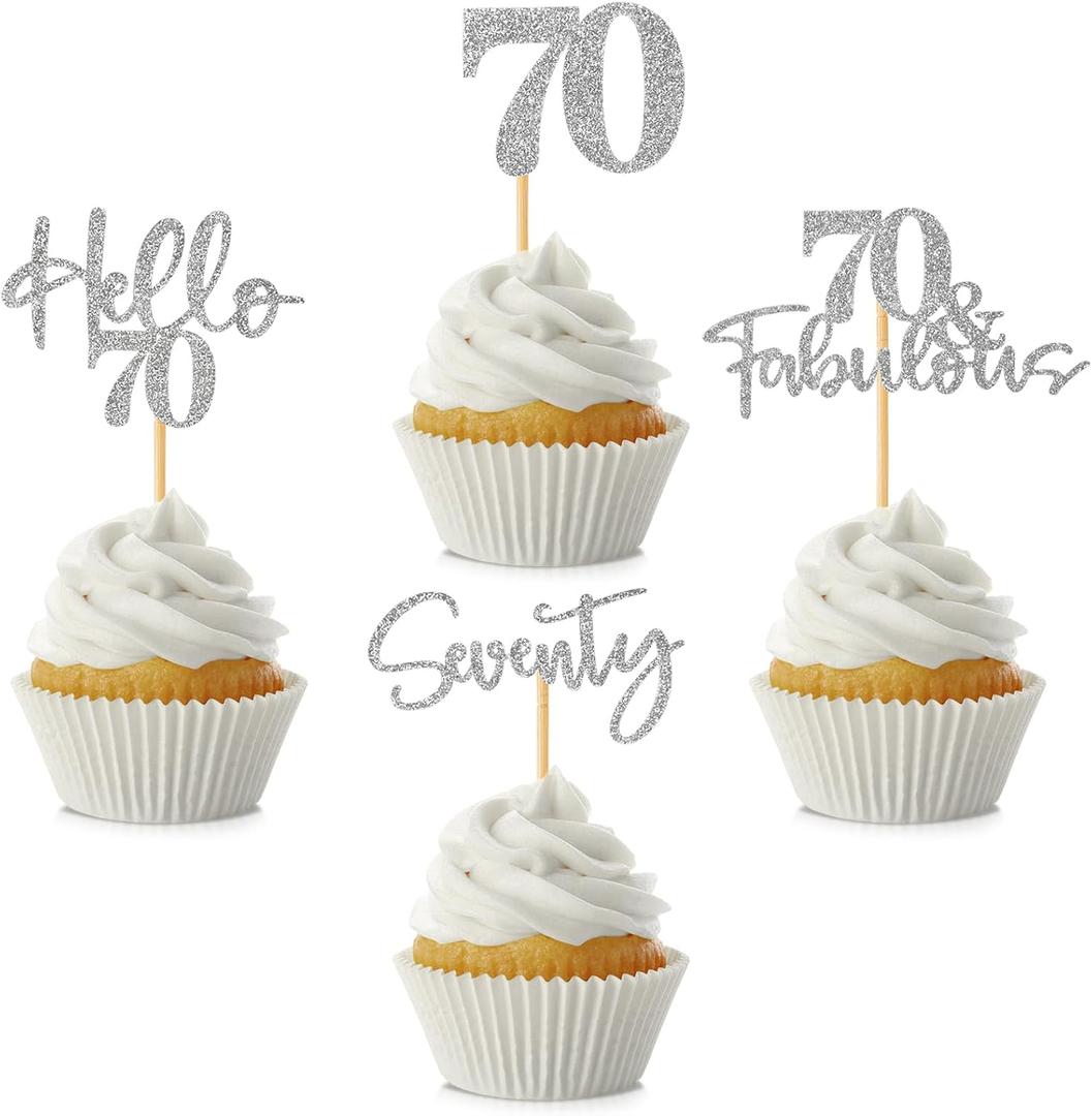 3 x 48Pcs 70th Birthday Cupcake Toppers Glitter Hello 70 Cupcake Topper 70 Fabulous Seventy Cupcake Picks for Happy 70th Birthday Wedding Anniversary Party Cake Decorations Supplies, Silver