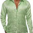 Hi-Tie Silk Mens Paisley Dress Shirts Casual Long Sleeve Button Down Regular Fit Shirts Formal Wedding Party Business (Green, Medium)
