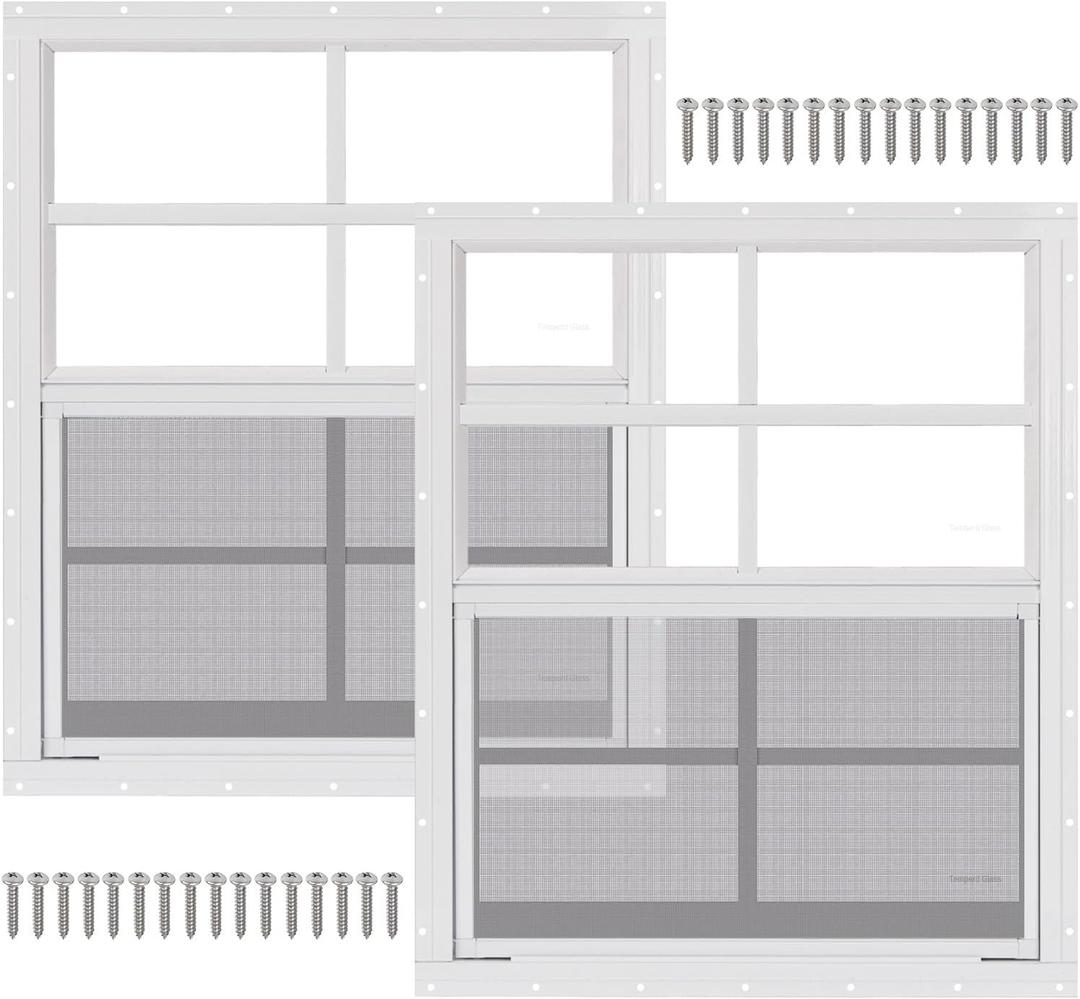 2 Pack 24" x 27" White Shed Window with Tempered Glass and Fiberglass Screen Household Sliding Windows with Srews for Shed, Chicken Coop, Playhouse, Garage and Barns