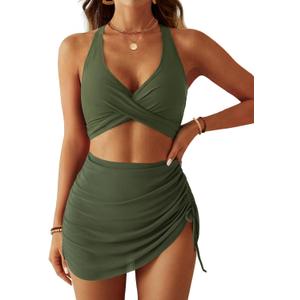 CiCiBird Women's High Waisted Bikini Set Tummy Control Mesh Swim Skirt Twist Front Two Piece Swimsuits (Army Green, XL)