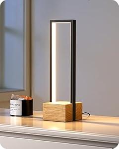 EDISHINE Modern Table Lamp, Dimmable LED Bedside Lamp with 3 Color Temps 3000K 4500K 6000K, Black Square Aluminum Frame, Complete Wooden Base, Nightstand Lamp for Bedroom