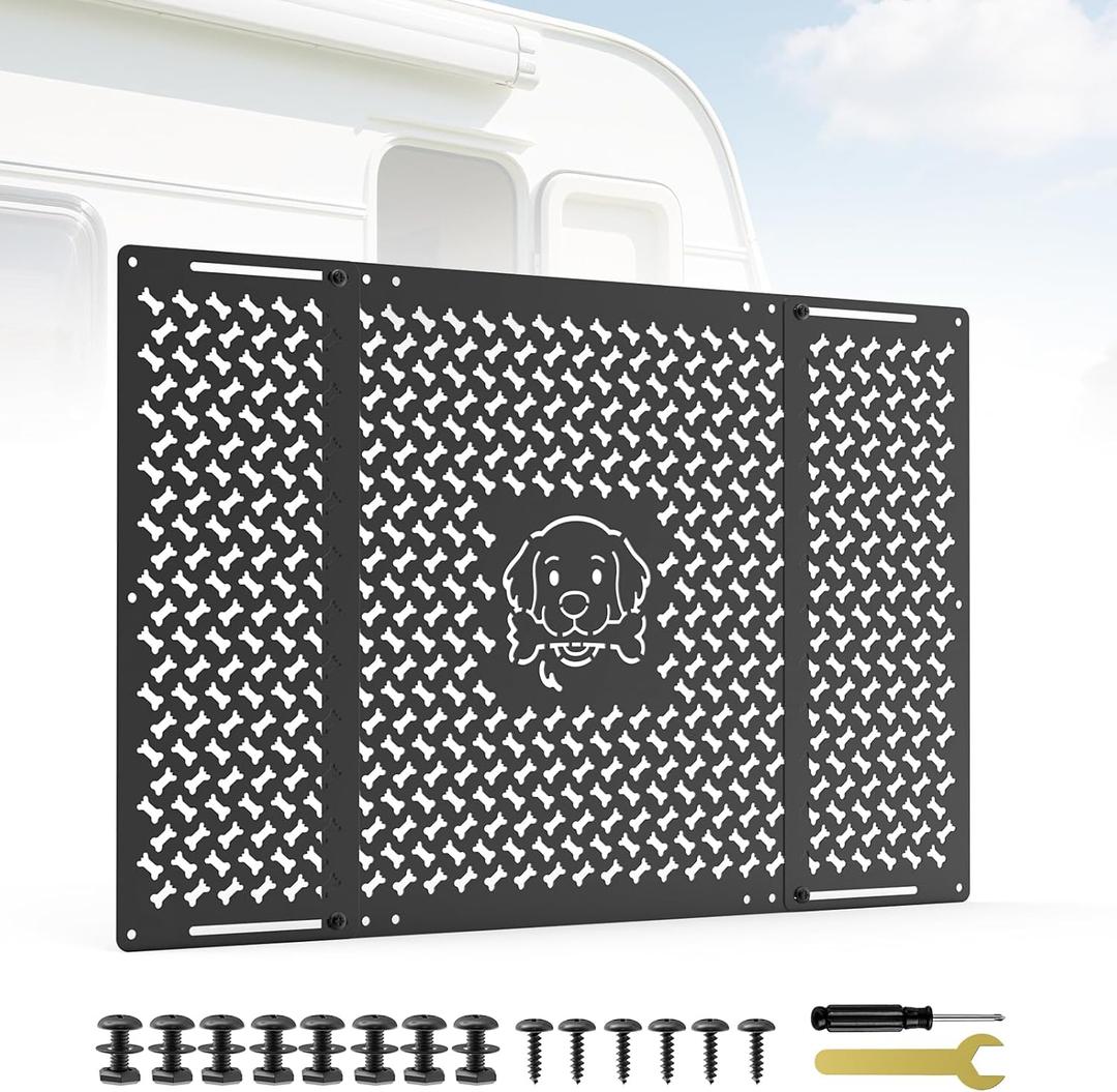 RV Screen Door Protector for Dogs, Adjustable Dog Head and Bone Design RV Entry Door Grille, Heavy-Duty Aluminum, Fits 18.07" to 33.64", Perfect for RV, Camper