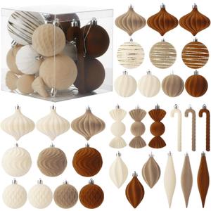 Soulchen 32 Pcs Velvet Christmas Tree Ornaments Ball Set Shatterproof Flocked Christmas Decorations Ball Bulk for Tree Decorative Hanging Garland Ornaments Xmas Holiday Party Decor(Mixed Khaki)