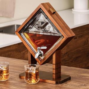 Whiskey Decanter with Wood Stand, Liquor Dispenser for Home Bar and Mancave Decor, Unique Birthday Christmas Gift for Men Dad and Whiskey Lovers, Bourbon Scotch Tequila (Square)