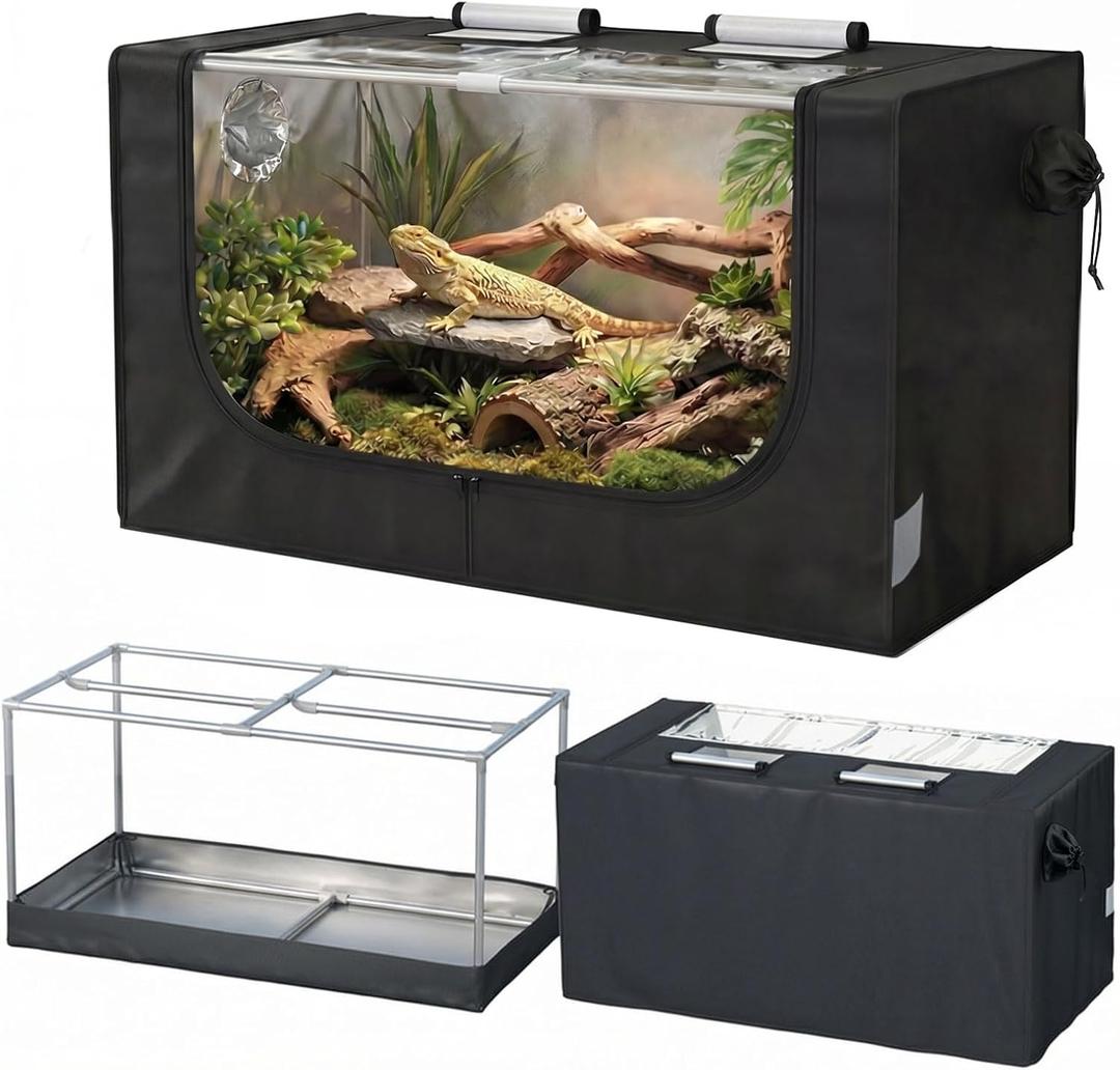 Large Reptile Enclosure Tent, 4 x 2 x 2 ft (48 x 24 x 24 Inch) Habitat with Insulated Cover & Stainless Steel Frame, Dual 4" Accessory Ports for Bearded Dragon, Lizard, Gecko & Chameleon