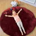 duduta Burgundy Faux Fur Round Rug 4x4 ft, Fluffy Shag Sheepskin Circle Rug for Nursery Bedroom Living Room Washable