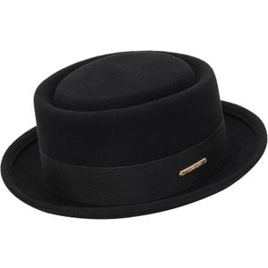 Pork Pie Hat for Men Women Short Brim Fedora Flat Hat Wool Felt Boater Panama Hats Size:S-M (Black - Short and Curly Brim)