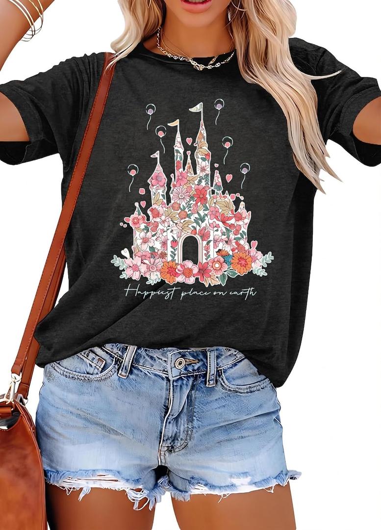 T&Twenties Women Magical Shirt for Women Funny Magic Kingdom Family Vacation Tshirt Casual Graphic Short Sleeve Tee Tops Black (Gray, M)