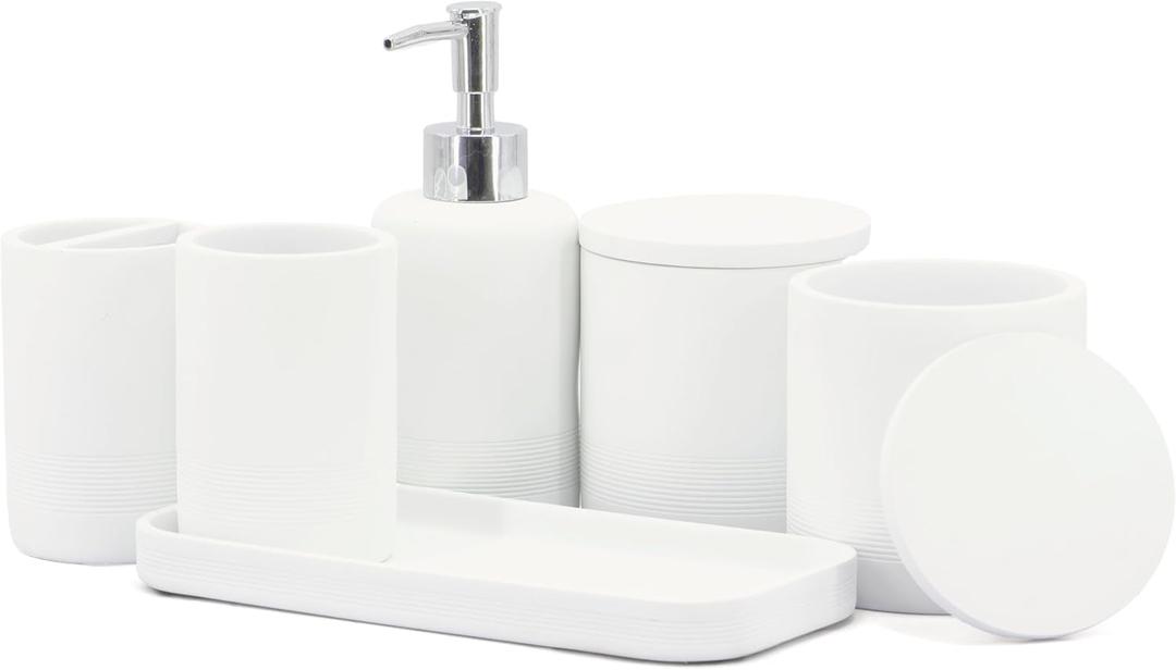 ZCCZ White Bathroom Accessories Set 6 Pieces - Toothbrush Holder, Lotion Dispenser, Qtip Container, Vanity Tray, Tumbler - Countertop Organizer for Bathrooms - Elegant and Functional Dcor Set